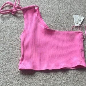 Pink Ribbed One-Shoulder Top by Aerie .